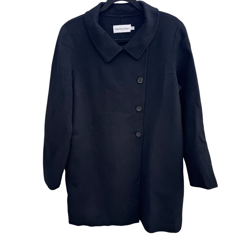 Bloomingdales Vintage‎ Black Wool Cashmere Blend Womens Coat Peter Pan Collar 16